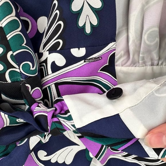 EUC Tibi Silk Paisley Navy & Purple Tie Front Tunic Top 3/4 Sleeve Sz Small - Picture 11 of 13